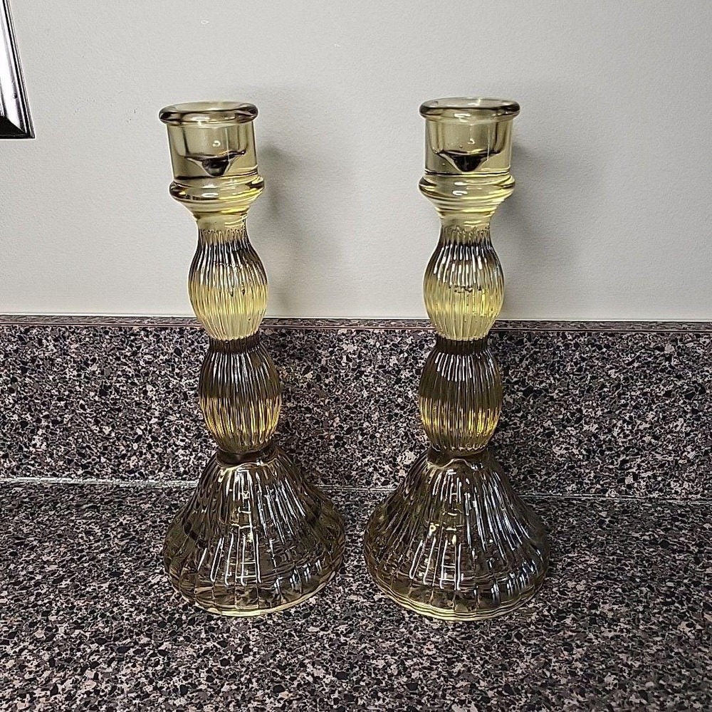 VINTAGE Elegant Mid Century Modern Ribbed Candlestick Holders Amber Gold Glass